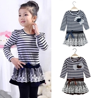 Fashion Kids Girl Dress Striped Ruffle Lace Bowknot Mesh Floral Round Neck Long Sleeve Princess Dresses Dark Blue/Coffee