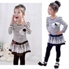 Fashion Kids Girl Dress Striped Ruffle Lace Bowknot Mesh Floral Round Neck Long Sleeve Princess Dresses Dark Blue/Coffee