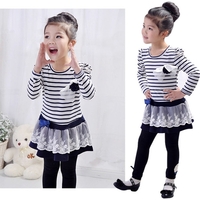 Fashion Kids Girl Dress Striped Ruffle Lace Bowknot Mesh Floral Round Neck Long Sleeve Princess Dresses Dark Blue/Coffee
