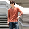 Fashion Men Slim T-Shirt Buttons V-Neck Long Sleeves Casual Tops Pullover Dark Orange
