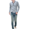 Fashion Men Slim T-shirt V-neck Long Sleeve Button Pullover Tops Tee Shirt Grey