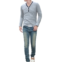 Fashion Men Slim T-shirt V-neck Long Sleeve Button Pullover Tops Tee Shirt Grey