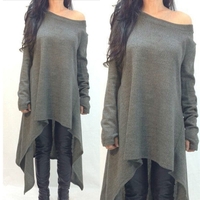 Fashion off Shoulder Long Sleeve Asymmetric Casual Loose T-shirt Dress for Women