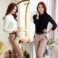 Fashion OL Women Shirt Floral Lace Turn Down Collar Long Sleeves Button Blouse Slim Tops Black