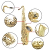 LADE Brass Bb Tenor Saxophone Sax Carved Pattern Pearl White Shell Buttons Wind Instrument with Case Gloves Cleaning Cloth Grease Belt Brush