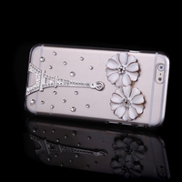 Luxury Clear Transparent Crystal Bling Rhinestone Diamond Silver Flower Eiffel Tower Case Hard Back Cover Protective Shell for Apple iPhone 6