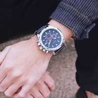 OCHSTIN Luxury Military Style Luminous Quartz Men Watch Big Dial Leather Water-Proof Chronograph Casual Wristwatch + Box
