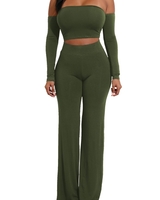 Off Shoulder Sexy Women Two Pieces Backless Bandages Lace Up Slim Crop Top Pants Trousers Club Ladies Suits