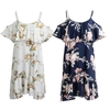 Off Shoulder Women Cold Shoulder Ruffles Print Summer Dress Strap Beach Boho Party Sexy Dress White/Dark Blue