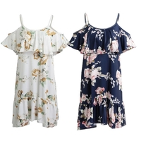 Off Shoulder Women Cold Shoulder Ruffles Print Summer Dress Strap Beach Boho Party Sexy Dress White/Dark Blue