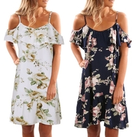 Off Shoulder Women Cold Shoulder Ruffles Print Summer Dress Strap Beach Boho Party Sexy Dress White/Dark Blue