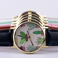 OKTIME Fashion Women Watch Leather Band Analog Round Mini Cactus Pattern Quartz Vogue Wrist Watch