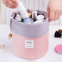 Portable Travel Barrel Carry Case Large Cosmetic Bags Makeup Toiletry Storage Bag with Drawstring Pockets Pink