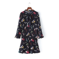 Spring Heels Print Tie Bow Long Bell Sleeve Women
