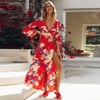 Spring Sexy Women Floral Wrapped Maxi Dress V Neck Tie Waist Flare Sleeve Split Party Dress Red/Khaki