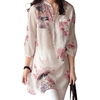 Spring Summer Women Vintage Floral Printed Blouse Elegant 3/4 Sleeve Loose Casual Long Top Shirt Blue/Pink
