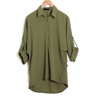 Spring Women Blouse Chiffon Shirt Long Sleeve Turn-down Collar Asymmetric Casual Loose Top Black/Green/White