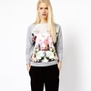 Stylish Floral Print Pullover Round Neck Long Raglan Sleeve Sweatshirt