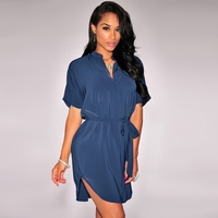 Stylish V Neckline Short Sleeve Curved Hem Belt Solid Casual Shirt Dress for Women