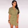 Stylish V Neckline Short Sleeve Curved Hem Belt Solid Casual Shirt Dress for Women