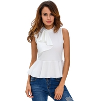 Summer Fashion Women Asymmetric Ruffle Side Peplum Top Turtleneck Sleeveless Back Zipper Blouses