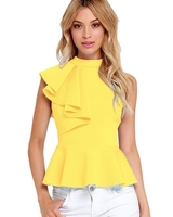 Summer Fashion Women Asymmetric Ruffle Side Peplum Top Turtleneck Sleeveless Back Zipper Blouses