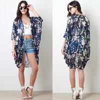 Summer Fashion Women Printed Chiffon Kimono Cardigan Half Sleeve Casual Loose Boho Coat Blouse Dark Blue