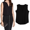 Summer Women Chiffon Blouse V Neck Sleeveless Draped Front Loose Casual Top Black/Watermelon Red/Pink