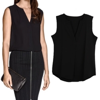Summer Women Chiffon Blouse V Neck Sleeveless Draped Front Loose Casual Top Black/Watermelon Red/Pink