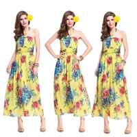 Summer Women Chiffon Dress Halter Floral Print Tie Waist Long Boho Beach Sundress Yellow