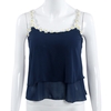 Summer Women Chiffon Top Lace Flower Spaghetti Straps Sleeveless Loose Casual Cropped Top Swing Vest Dark Blue