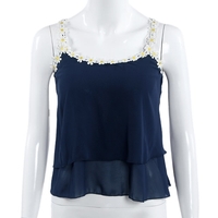 Summer Women Chiffon Top Lace Flower Spaghetti Straps Sleeveless Loose Casual Cropped Top Swing Vest Dark Blue