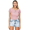 Summer Women Crop Top Lace-Up Short Sleeve O-Neck Solid Slim Ribbed Knitted T-shirt Short Tees Coffee/Pink