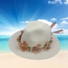 Summer Women Flower Straw Hat Garland Ribbon Floral Wide Brim Sun Beach Cap Fedora Trilby Hat White/Beige/Khaki