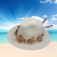 Summer Women Flower Straw Hat Garland Ribbon Floral Wide Brim Sun Beach Cap Fedora Trilby Hat White/Beige/Khaki