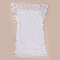 Summer Women Lace Dress Sleeveless O Neck Tassel Casual Mini Dress Straight Sundress Shift Dress White/Black