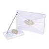 White Satin Ribbon Wedding Guest Signature Book and Pen Stand Set with Rhinestone Decoration