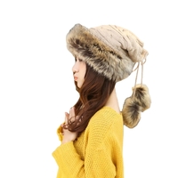 Winter Warm Faux Fur Drawstring Hat Scarf Thicken Knitted Beanie