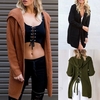 Winter Women Hooded Knitted Cardigan Sweater Lace Up Split Long Sleeves Casual Warm Loose Outerwear