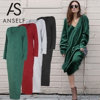 Winter Women Maxi Loose Knitted Sweater Dress Deep V Neck Long Sleeve Ladies Knitwear Casual Jumper Dress