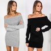 Winter Women Off Shoulder Knitted Bodycon Dress Long Sleeve Autumn Sexy Party Short Dress Black/Grey