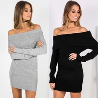Winter Women Off Shoulder Knitted Bodycon Dress Long Sleeve Autumn Sexy Party Short Dress Black/Grey