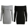 Winter Women Off Shoulder Knitted Bodycon Dress Long Sleeve Autumn Sexy Party Short Dress Black/Grey