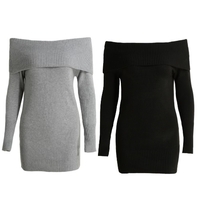 Winter Women Off Shoulder Knitted Bodycon Dress Long Sleeve Autumn Sexy Party Short Dress Black/Grey