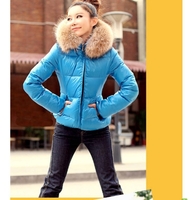 Winter Women Parka Faux Fur Collar Zip Candy Color Thick Outerwear Coat Blue