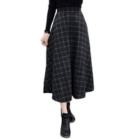Winter Women Plaid Skirt Woolen High Elastic Waist Elegant A-Line Vintage Warm Midi Skirts