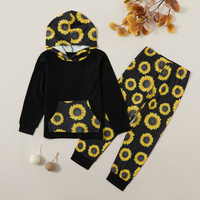 Fashionable Sunflower Allover Print Hooded Sweatshirt and Pants Set