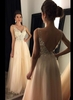 Champagne Beaded Long Open-Back Lace V-Neck A-line Prom Dresses BA4046