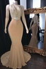Champagne Crystal Halter Mermaid Long Prom Dresses V-Neck Sleeveless Evening Gowns
