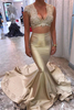 Champagne-Gold Sexy Lace Appliques Long-Train Mermaid V-neck Sleeveless Two-Piece Prom Dress
